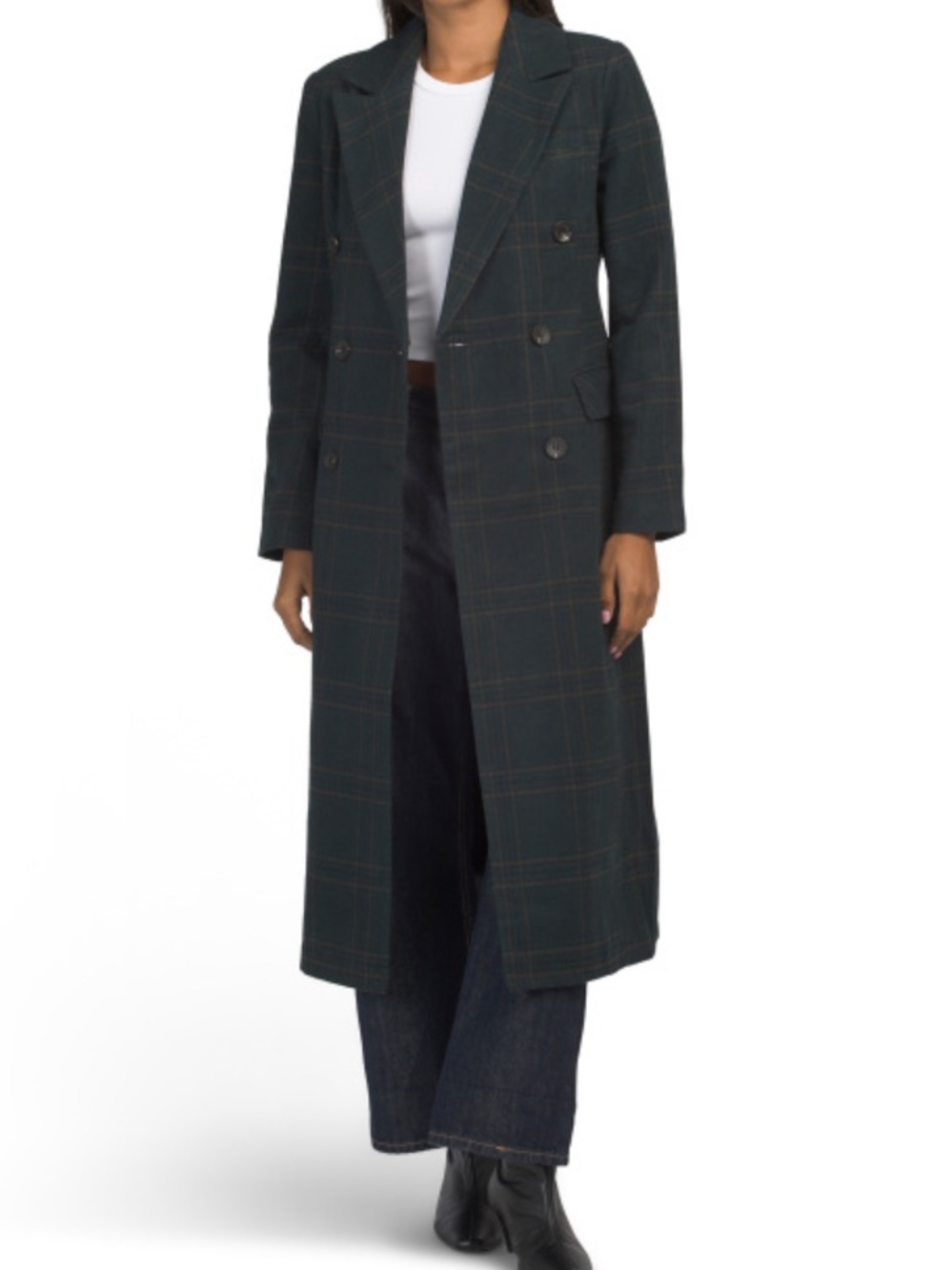 Avec Les Filles Double-Breasted Plaid Long Coat - Forest